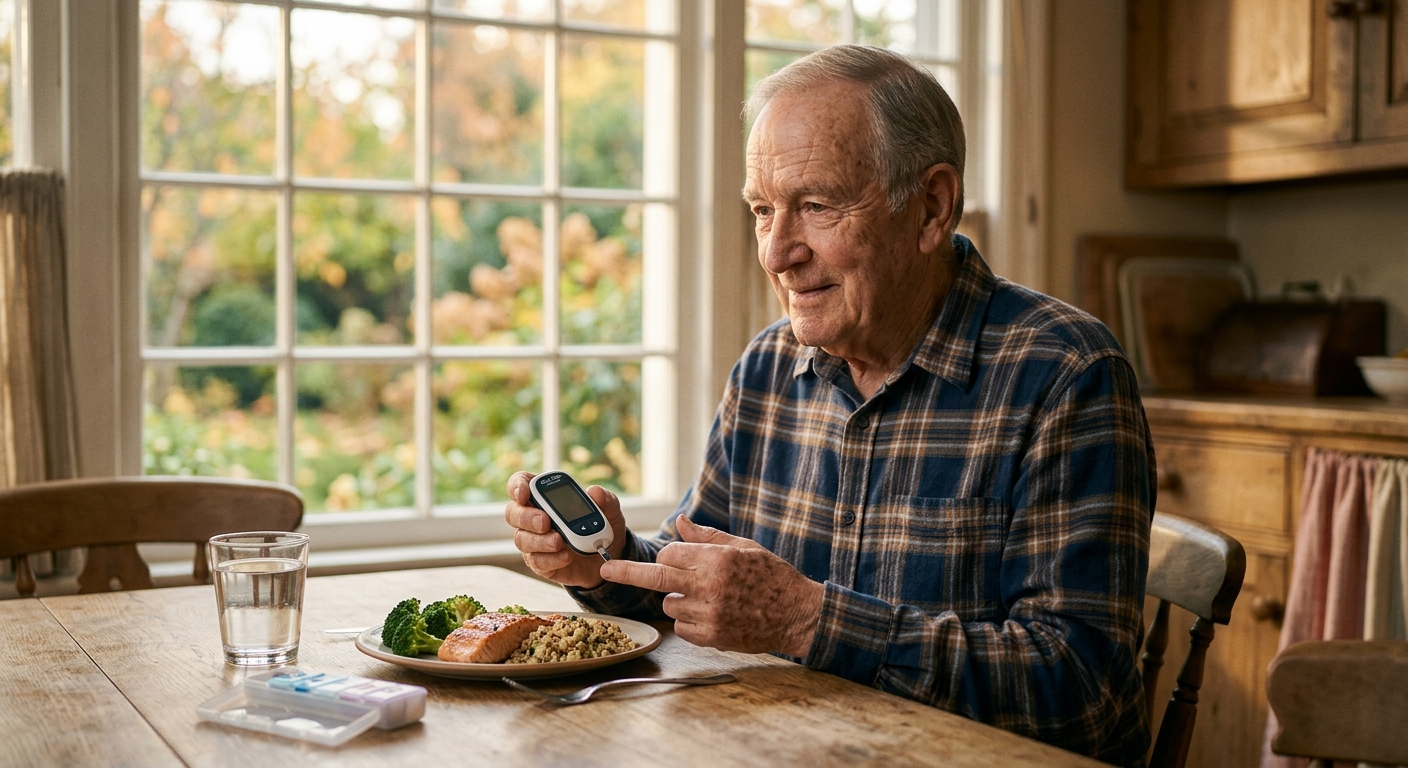 Senior checking blood sugar levels with a glucose monitor for diabetes management