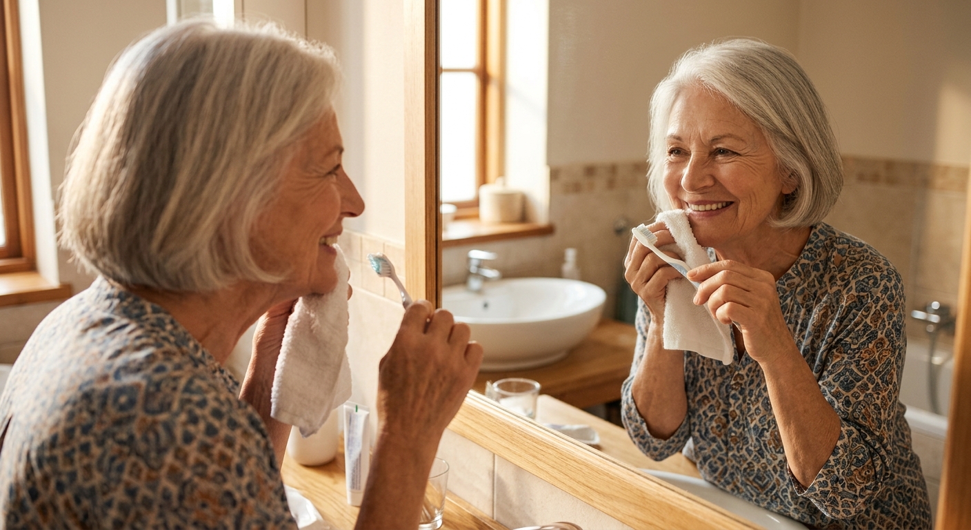 Senior smiling with healthy teeth after following proper dental care routine
