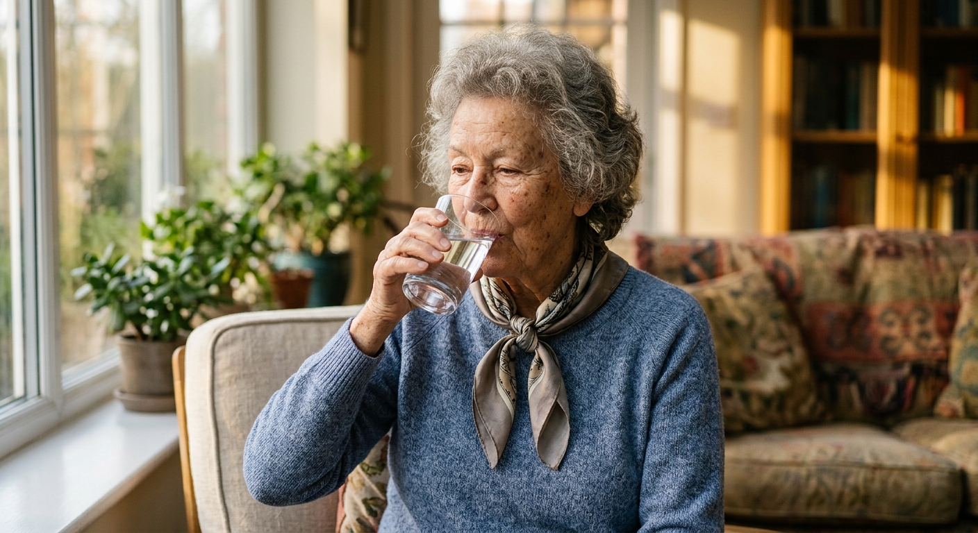 Senior adult drinking a glass of water staying properly hydrated for good health