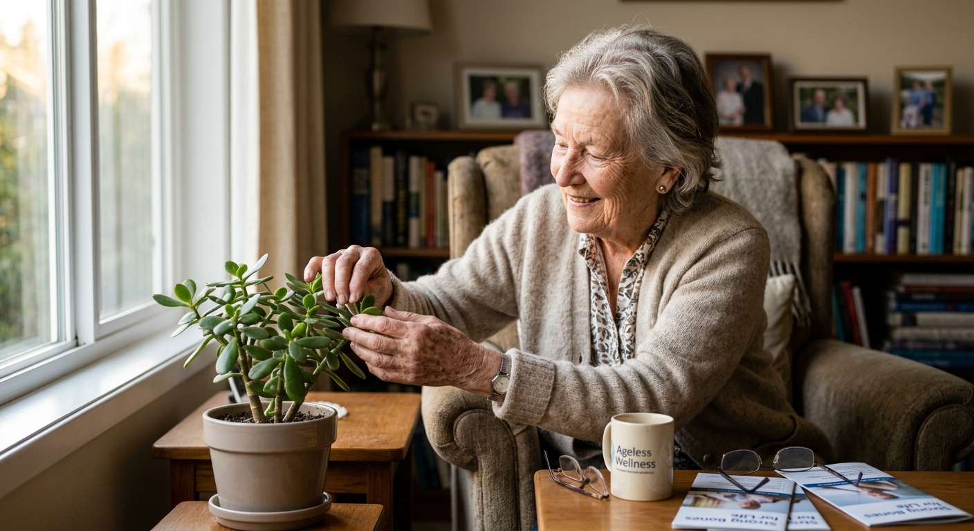 Elderly woman doing weight-bearing exercises to strengthen bones and prevent osteoporosis