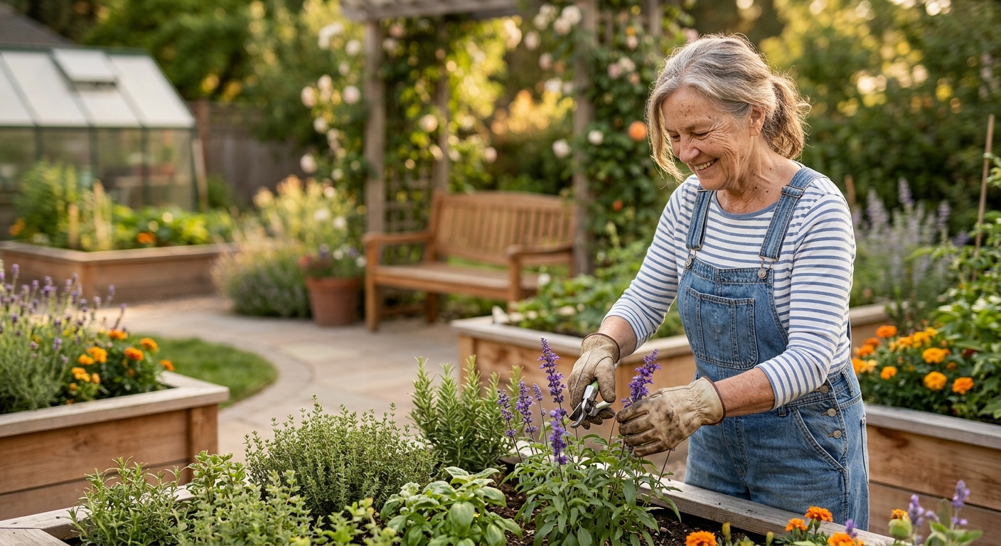 Senior woman happily gardening in an accessible raised bed garden with colorful flowers
