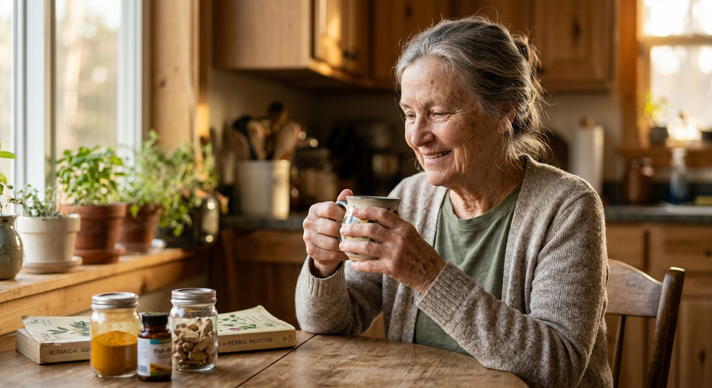 Senior doing gentle hand stretching exercises for natural arthritis pain relief