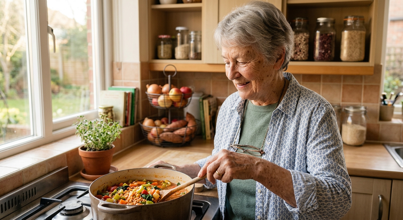 Senior couple preparing a colorful heart-healthy meal together in kitchen